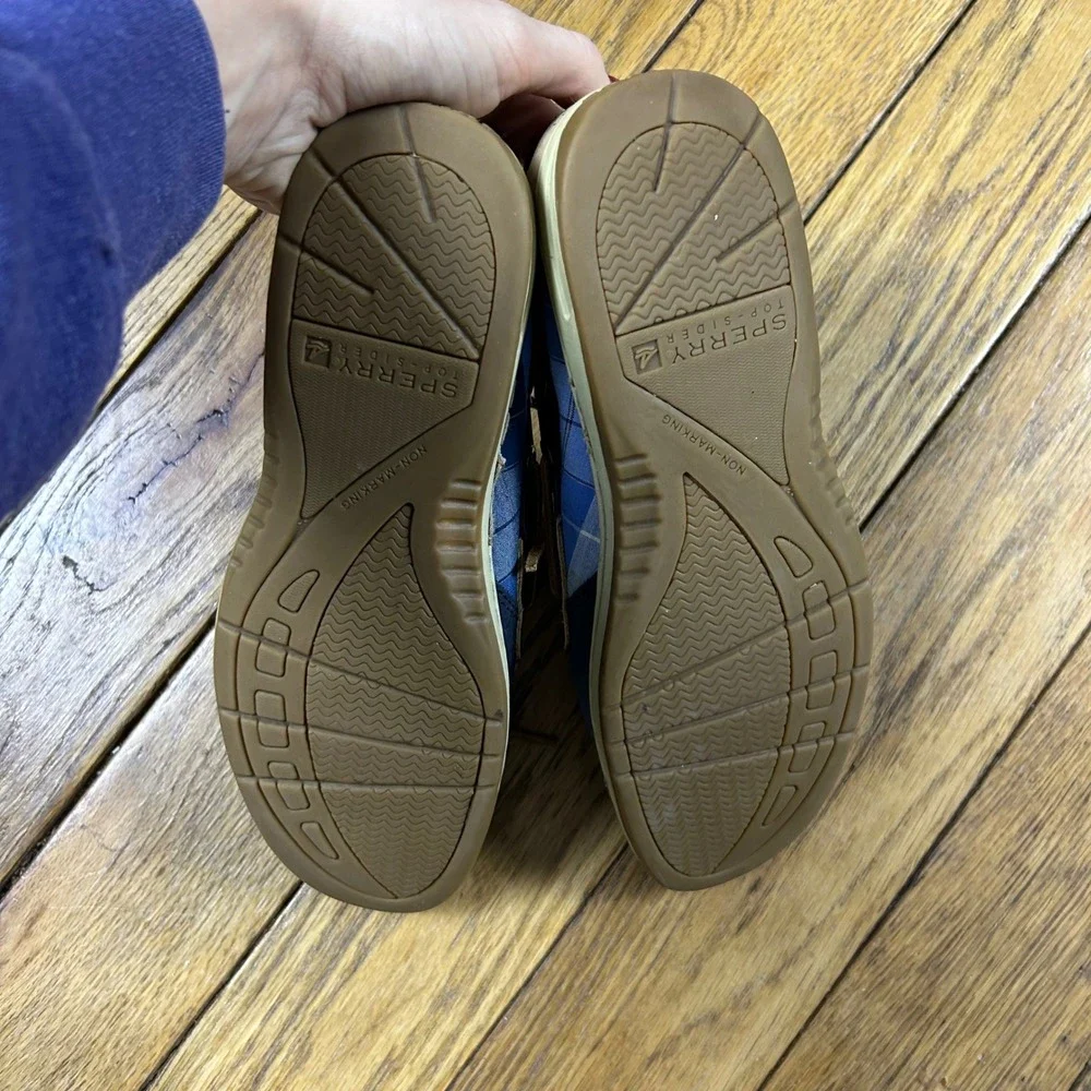 Sperry Top Sider‎ Boat Shoes Blue Plaid Tan Leather Lace Up Women 6M